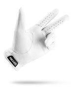 Pins & Aces Premium Tour Ghost White unisex golf glove made from 100% premium AAA Cabretta leather with moisture-wicking wrist lining and men’s standard sizing.