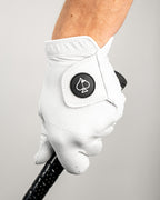 Pins & Aces Premium Tour Ghost White unisex golf glove made from 100% premium AAA Cabretta leather with moisture-wicking wrist lining and men’s standard sizing.