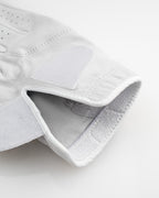 Pins & Aces Premium Tour Ghost White unisex golf glove made from 100% premium AAA Cabretta leather with moisture-wicking wrist lining and men’s standard sizing.