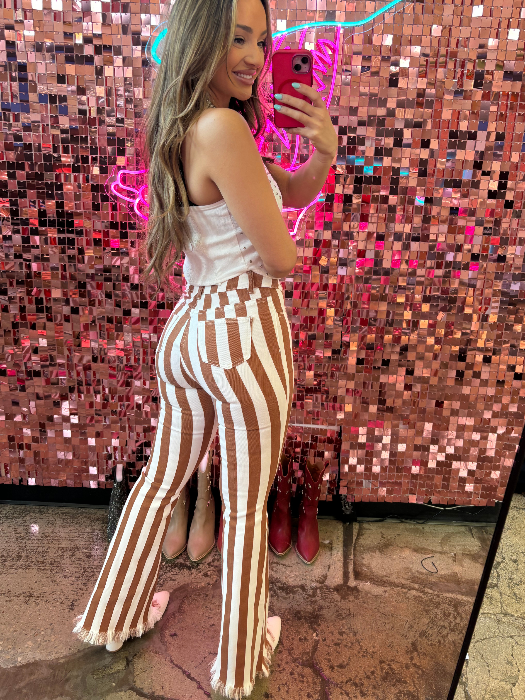 Farrah Striped Flare Jeans in Light Brown
