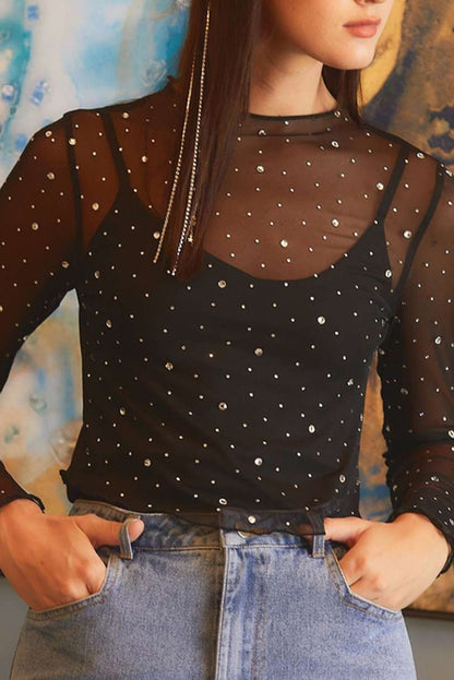 Black Sheer Mesh Rhinestone Long Sleeve Top – Slim Fit Party Glam