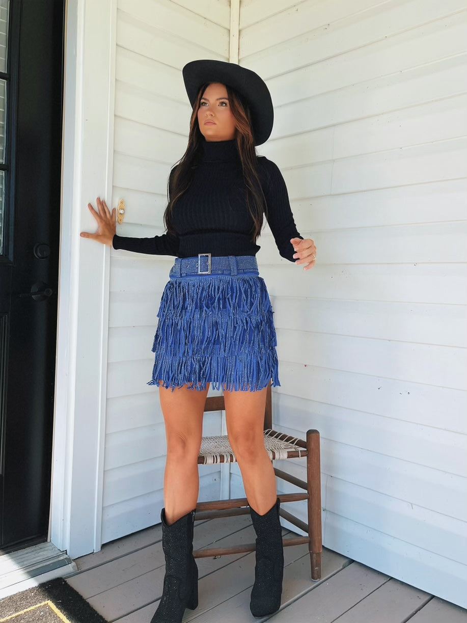 Nashville Babe Rhinestone Fringe Mini Skirt – Royal Blue