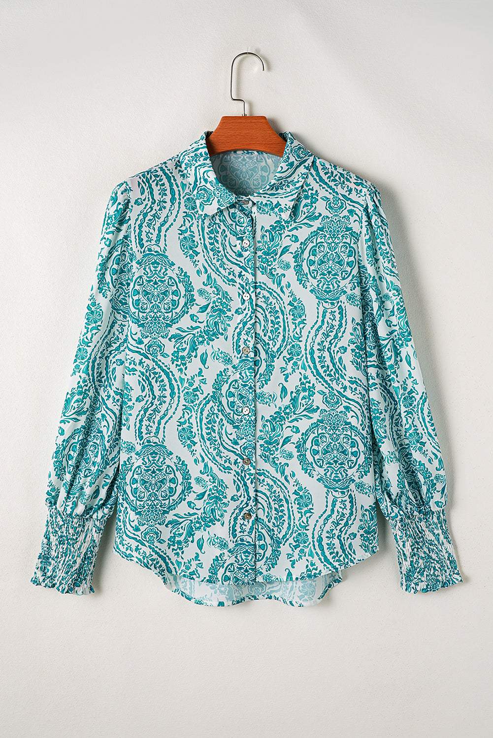 Paisley Print Button Front Shirt – Smocked Cuff Long Sleeve Blouse