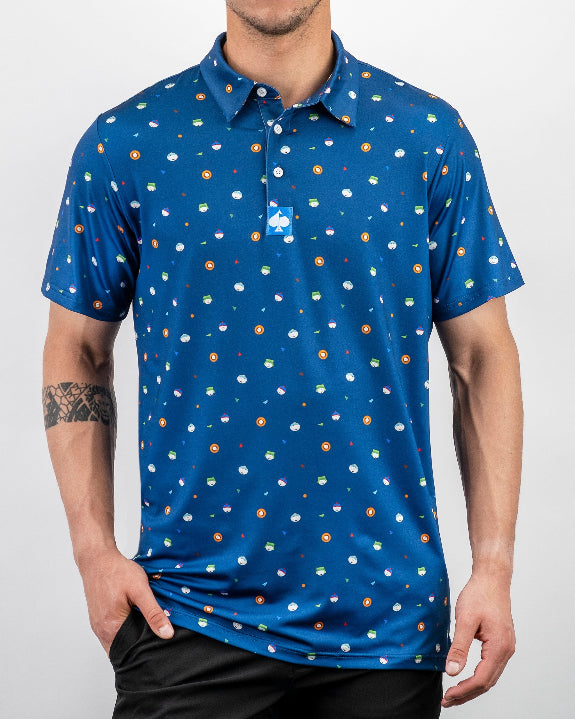 Men’s South Park Classic golf polo by Pins & Aces featuring a blue base with a colorful all-over South Park-themed print, short sleeves, and athletic performance fit.