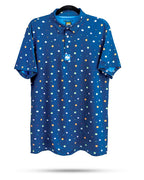 Men’s South Park Classic golf polo by Pins & Aces featuring a blue base with a colorful all-over South Park-themed print, short sleeves, and athletic performance fit.