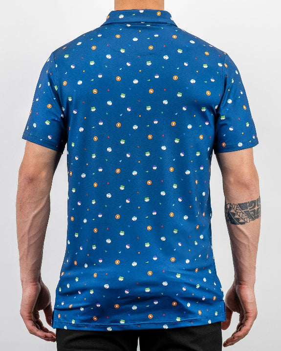Men’s South Park Classic golf polo by Pins & Aces featuring a blue base with a colorful all-over South Park-themed print, short sleeves, and athletic performance fit.