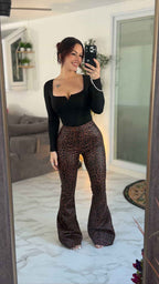 Fiona High Waisted Bell Bottom Flare Jeans - Desert Brown Leopard