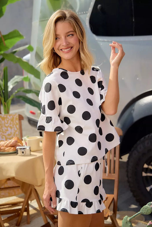 BiBi Polka Dot Ruffle Top & Shorts Set | Women's Cotton Two-Piece Lounge Outfit