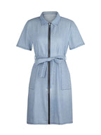Fia Full Size Zip Front Short Sleeve Denim Dress (Available in Plus Size) in Color Light Blue