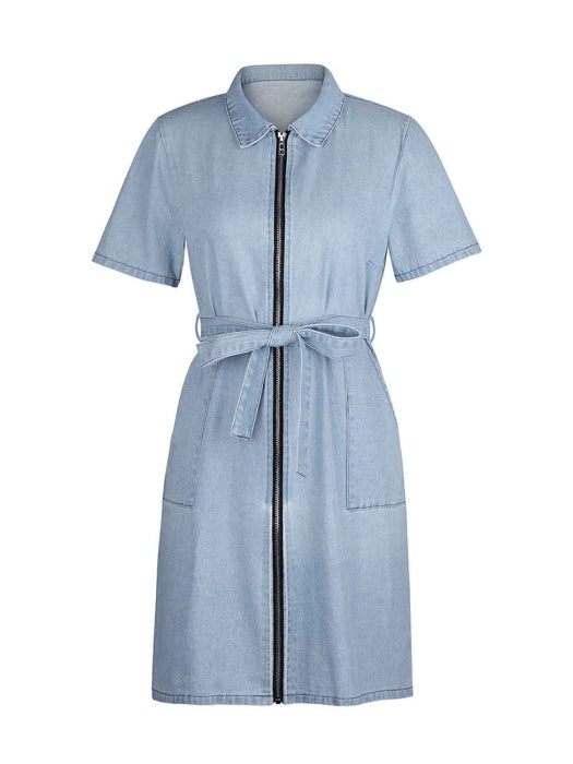 Fia Full Size Zip Front Short Sleeve Denim Dress (Available in Plus Size) in Color Light Blue