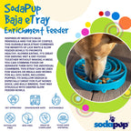Light blue SodaPup Baja eTray shallow slow feeder dog bowl with textured enrichment design for flat-faced dogs and fast eaters.