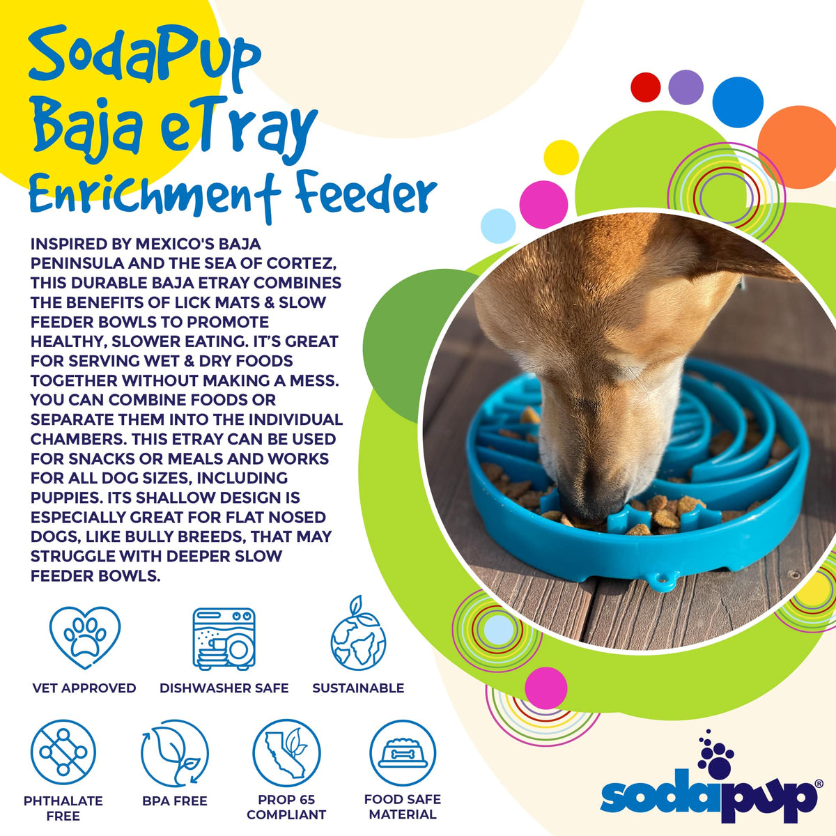 Light blue SodaPup Baja eTray shallow slow feeder dog bowl with textured enrichment design for flat-faced dogs and fast eaters.