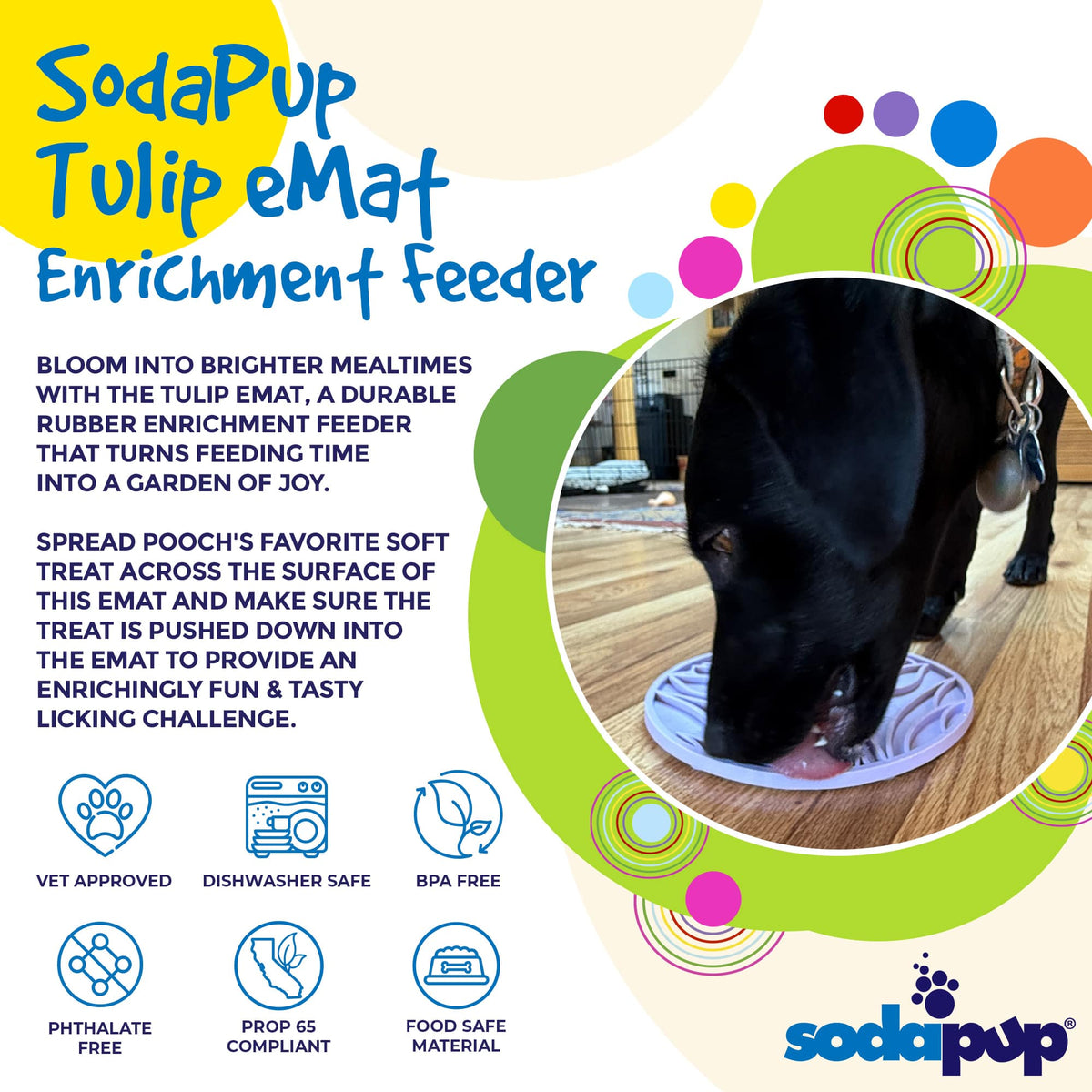 Pastel purple SodaPup Tulip Design eMat suction cup lick mat with textured floral pattern for dog and cat enrichment, bath time, and grooming.