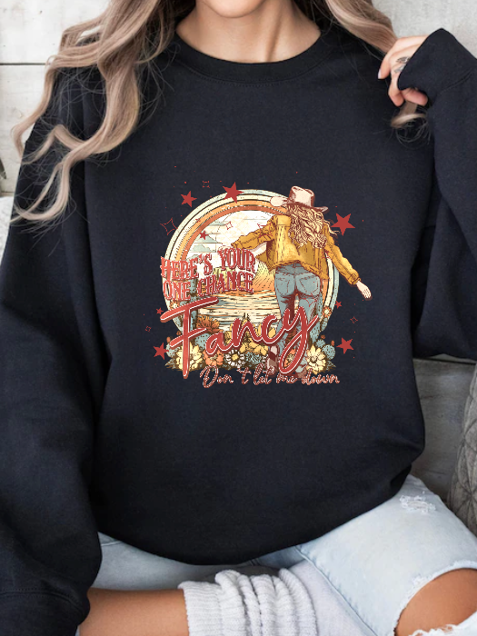 Women’s Fancy graphic tee featuring a Here’s Your One Chance Fancy country-inspired design on a relaxed-fit Comfort Colors® 100% cotton Crewneck in Black