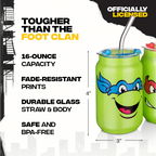 Set of four officially licensed Teenage Mutant Ninja Turtles 16-ounce glass drinking cups featuring Leonardo, Donatello, Michelangelo, and Raphael with reusable lids and straws. Fade Resistant
