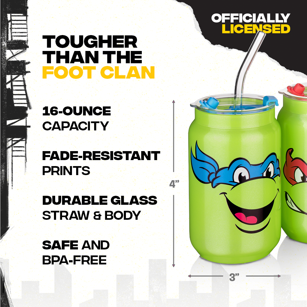 Set of four officially licensed Teenage Mutant Ninja Turtles 16-ounce glass drinking cups featuring Leonardo, Donatello, Michelangelo, and Raphael with reusable lids and straws. Fade Resistant