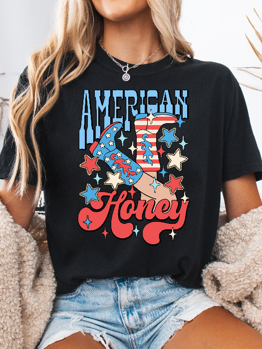 American Honey Graphic Tee printed on premium Comfort Colors 100% cotton featuring an exclusive Willow Boutique western-inspired design, perfect for country concerts, Nashville trips, rodeos, and everyday country style. Tshirt in Black