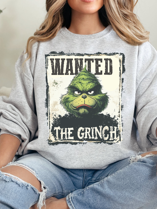 Holiday Mischief Wanted Grinch Inspired Graphic Crewneck in Grey
