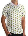 White TMNT Cowabunga Classic 8-Bit golf polo by Pins & Aces featuring an all-over retro pixel-style Teenage Mutant Ninja Turtles character print.