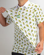 White TMNT Cowabunga Classic 8-Bit golf polo by Pins & Aces featuring an all-over retro pixel-style Teenage Mutant Ninja Turtles character print.