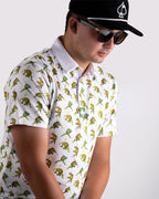 White TMNT Cowabunga Classic 8-Bit golf polo by Pins & Aces featuring an all-over retro pixel-style Teenage Mutant Ninja Turtles character print.