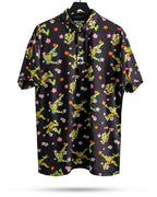 Black TMNT Turtle Flower Power golf polo by Pins & Aces featuring colorful Teenage Mutant Ninja Turtles characters and floral print.