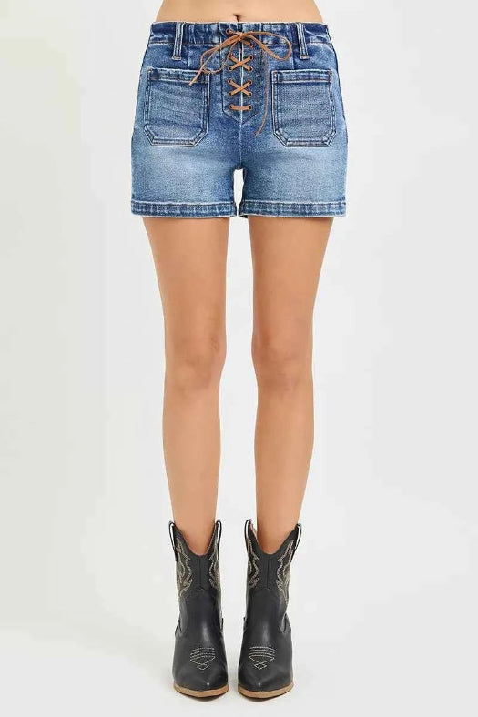 RISEN High Rise Front Tie Up Shorts with Patch Pockets