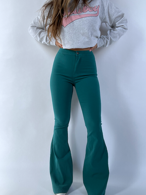 Fiona High Waisted Bell Bottom Flare Jeans – Teal Stretch Denim
