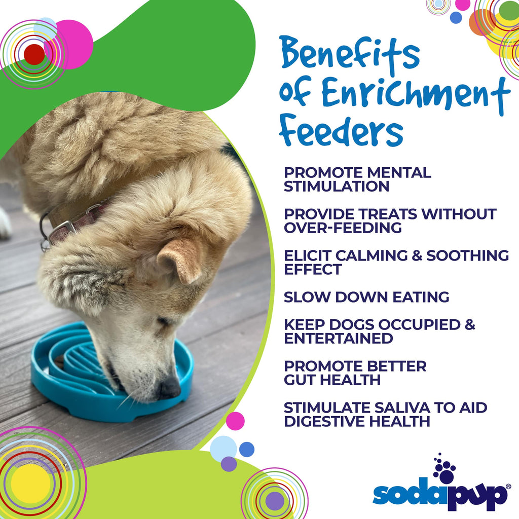 Light blue SodaPup Baja eTray shallow slow feeder dog bowl with textured enrichment design for flat-faced dogs and fast eaters.