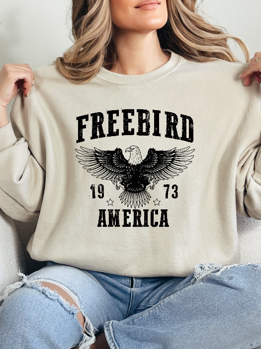 Women’s Freebird 1973 graphic tee featuring a bold Freebird America design, bald eagle graphic, black detailing, and vintage-inspired artwork on a Comfort Colors® cotton Crewneck in Ivory
