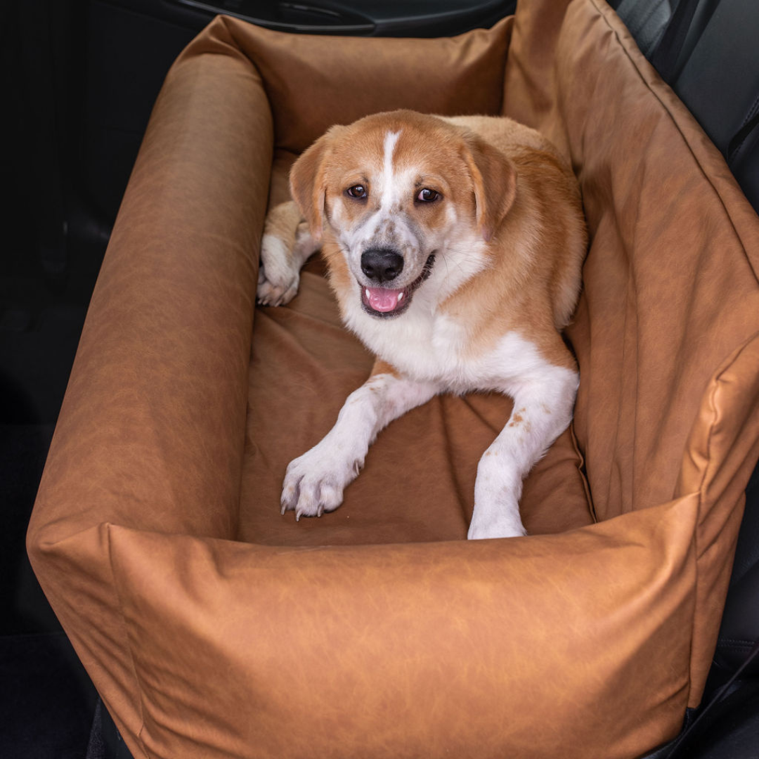 PupProtector™ Faux Leather Dog Car Bed – Memory Foam Booster Seat with Safety Straps, Waterproof Liner & Removable Cover - Camel