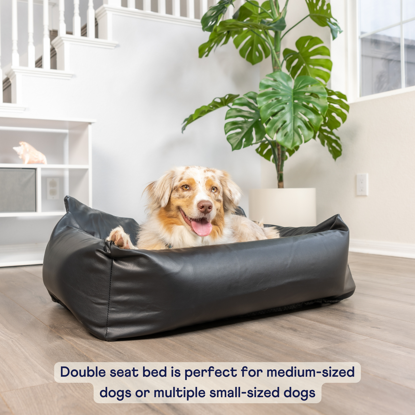 PupProtector™ Faux Leather Dog Car Bed – Memory Foam Booster Seat with Safety Straps, Waterproof Liner & Removable Cover -  Black
