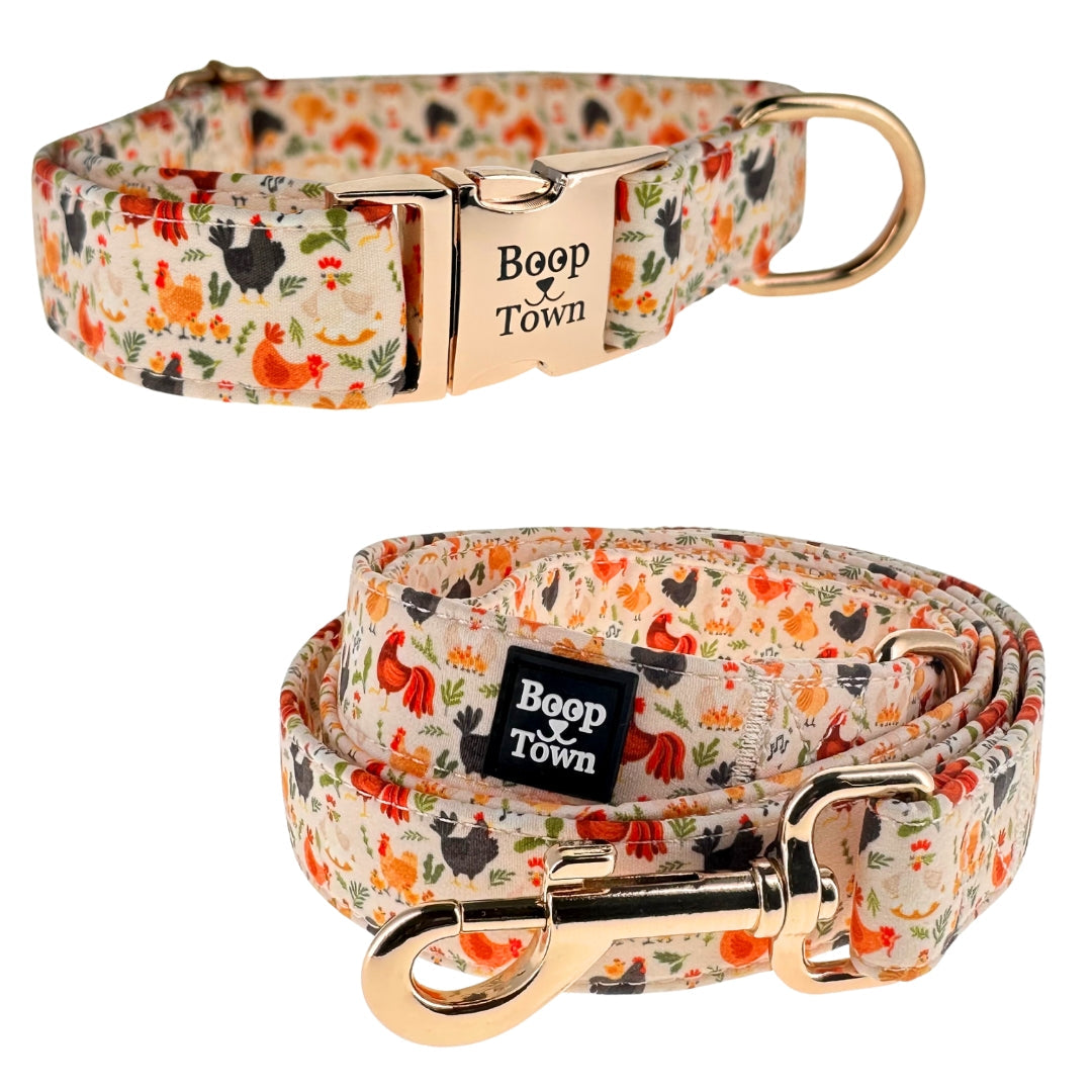 Boop Town Dog Collar & Leash Set – Soft Cotton Adjustable Set with Gold Hardware