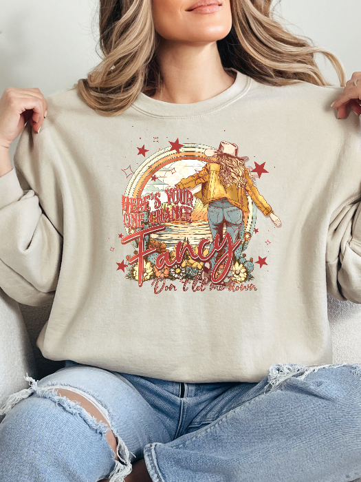 Women’s Fancy graphic tee featuring a Here’s Your One Chance Fancy country-inspired design on a relaxed-fit Comfort Colors® 100% cotton Crewneck in Ivory