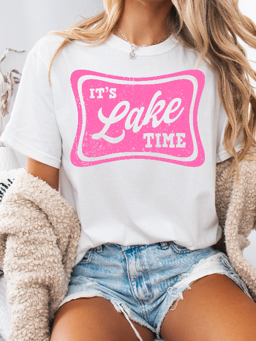 Lake Time Graphic Tee printed on premium Comfort Colors 100% cotton featuring an exclusive Willow Boutique design, perfect for lake weekends, boating, camping, and relaxed summer style. T-Shirt in White