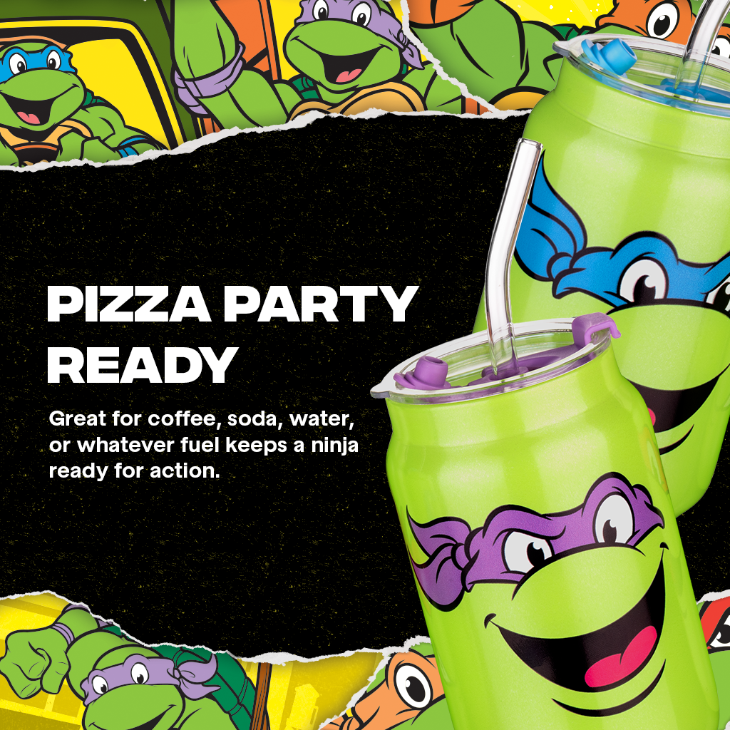 Set of four officially licensed Teenage Mutant Ninja Turtles 16-ounce glass drinking cups featuring Leonardo, Donatello, Michelangelo, and Raphael with reusable lids and straws.