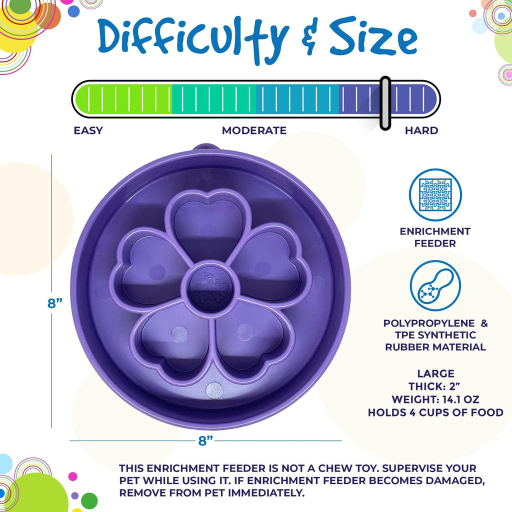 SodaPup Flower eBowl deep slow feeder dog bowl with flower-shaped enrichment ridges, available in pink or purple for medium and large dogs.
