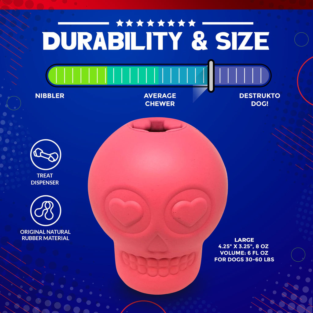 Pink SodaPup Sugar Skull dog chew toy and treat dispenser made in the USA from FDA-compliant natural rubber for dogs approximately 30 to 65 pounds.