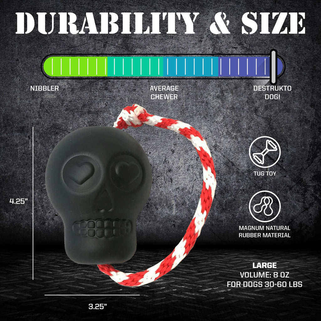 USA-K9 Magnum Skull by SodaPup black rubber dog chew toy and treat dispenser made in the USA for extreme chewers and dogs approximately 30 to 65 pounds.