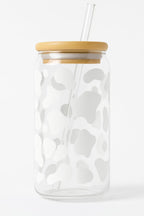 Cow Print Iced Coffee Glass Cup – 16oz Glass with Bamboo Lid