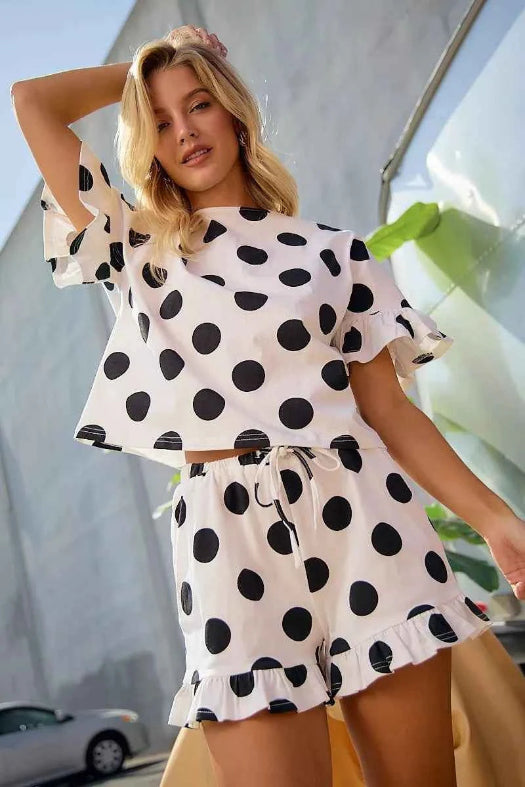 BiBi Polka Dot Ruffle Top & Shorts Set | Women's Cotton Two-Piece Lounge Outfit