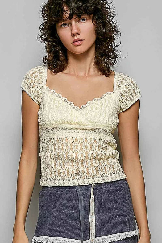 POL Sweetheart Neck Lace Short Sleeve Top