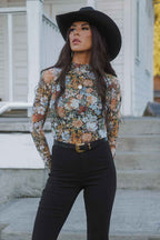 Floral Mesh Long Sleeve Top in black