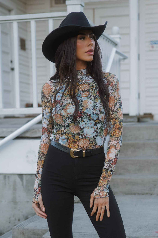 Floral Mesh Long Sleeve Top in black