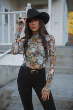 Floral Mesh Long Sleeve Top in Black