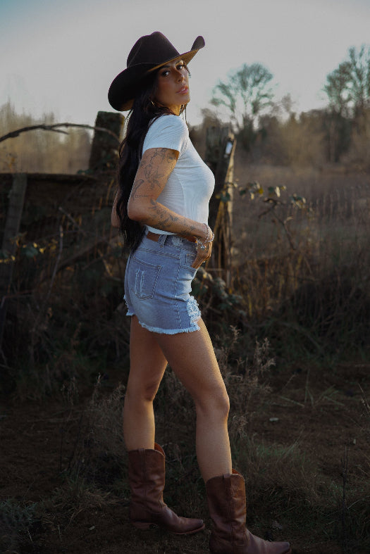 Breanne Distressed High Rise Shorts – Medium Wash Denim