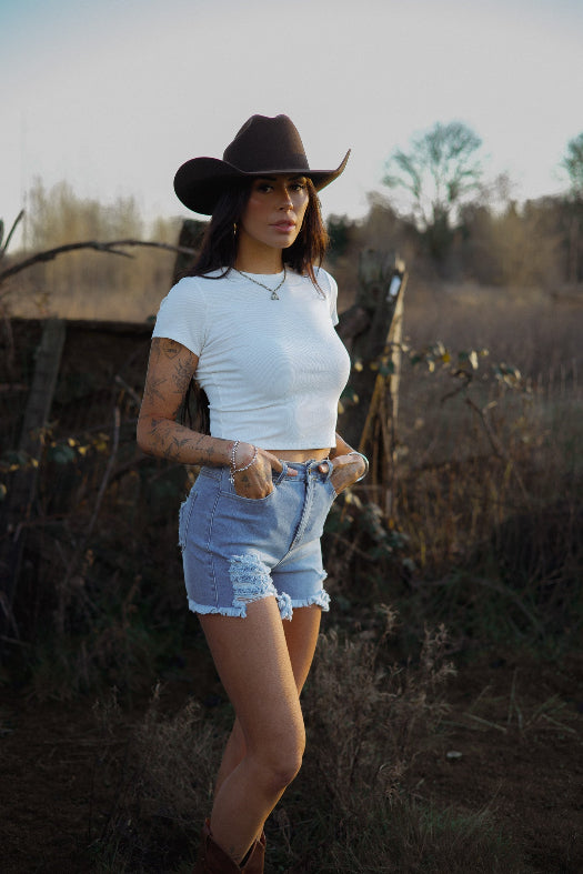 Breanne Distressed High Rise Shorts – Medium Wash Denim