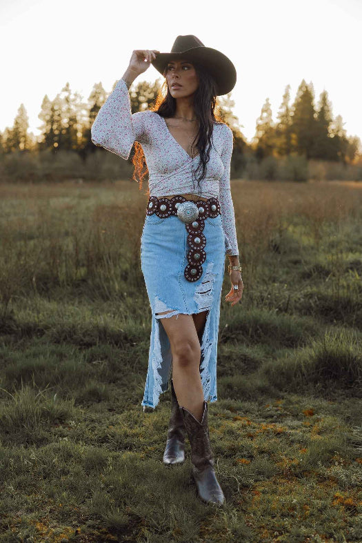 Harper Heavily Distressed Denim Maxi Skirt – High Slit