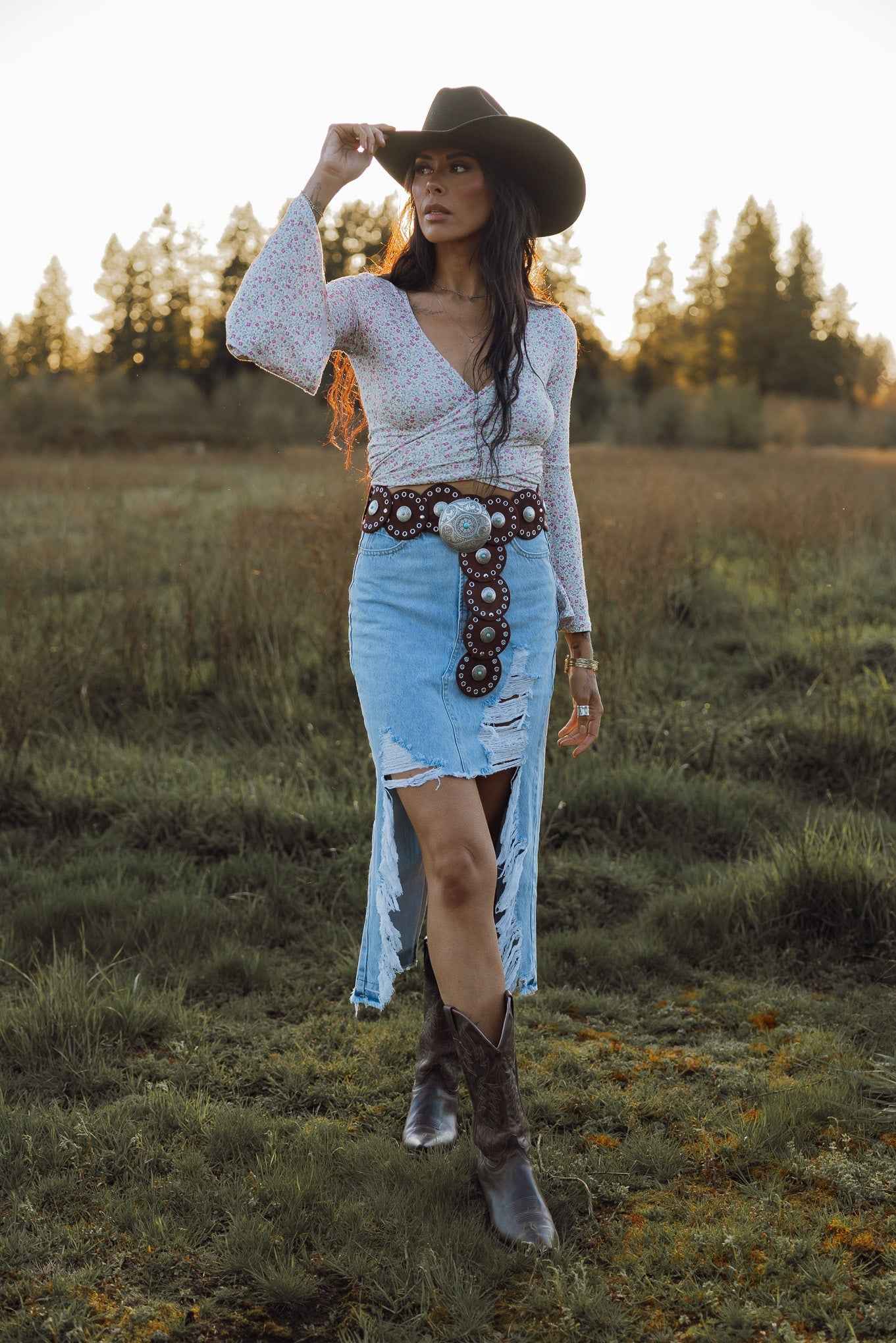 Harper Heavily Distressed Denim Maxi Skirt – High Slit