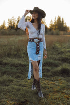 Harper Heavily Distressed Denim Maxi Skirt – High Slit